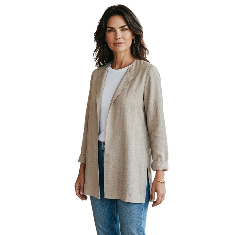 Elieen Fisher Silk Linen Open Cardigan Women's Oversized Small‎ Jacquard Jacket